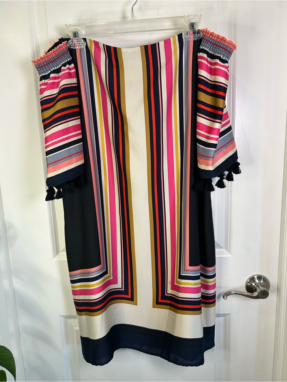 Trina Turk Multicolor Striped Off-Shoulder Theodora Silk Dress in Pink/Navy NWT